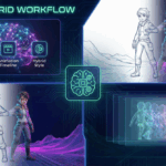 Interface abstraite et artistique illustrant la création de visuels hybrides et l'animation fluide avec DALL-E.