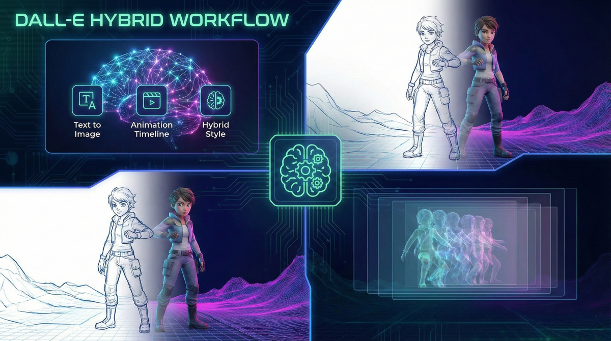 Interface abstraite et artistique illustrant la création de visuels hybrides et l'animation fluide avec DALL-E.