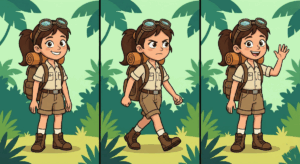 Séquence de trois images montrant le même personnage de dessin animé, une exploratrice, dans des poses différentes (debout, marchant, saluant) avec un style visuel parfaitement cohérent.