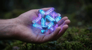 Photographie d'une main humaine réaliste tenant un objet géométrique futuriste et lumineux, illustrant la création de visuels hybrides mêlant réel et numérique avec DALL-E.