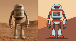 Comparaison côte à côte d'un robot rétro-futuriste, rendu de manière photoréaliste à gauche et en illustration flat design à droite, généré par DALL-E.
